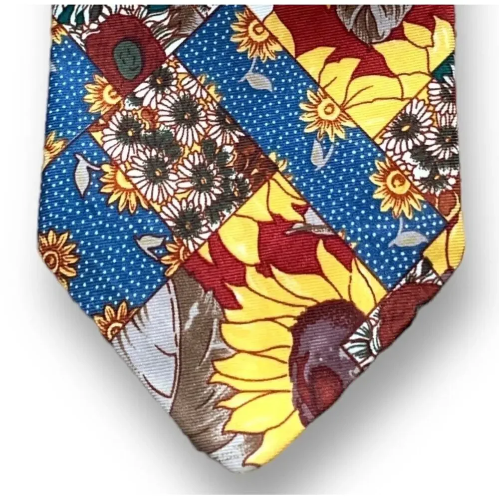 Vintage Beans McGee Sunflower Patchwork Neck‎ Tie 90s Novelty Boho Summer Floral
